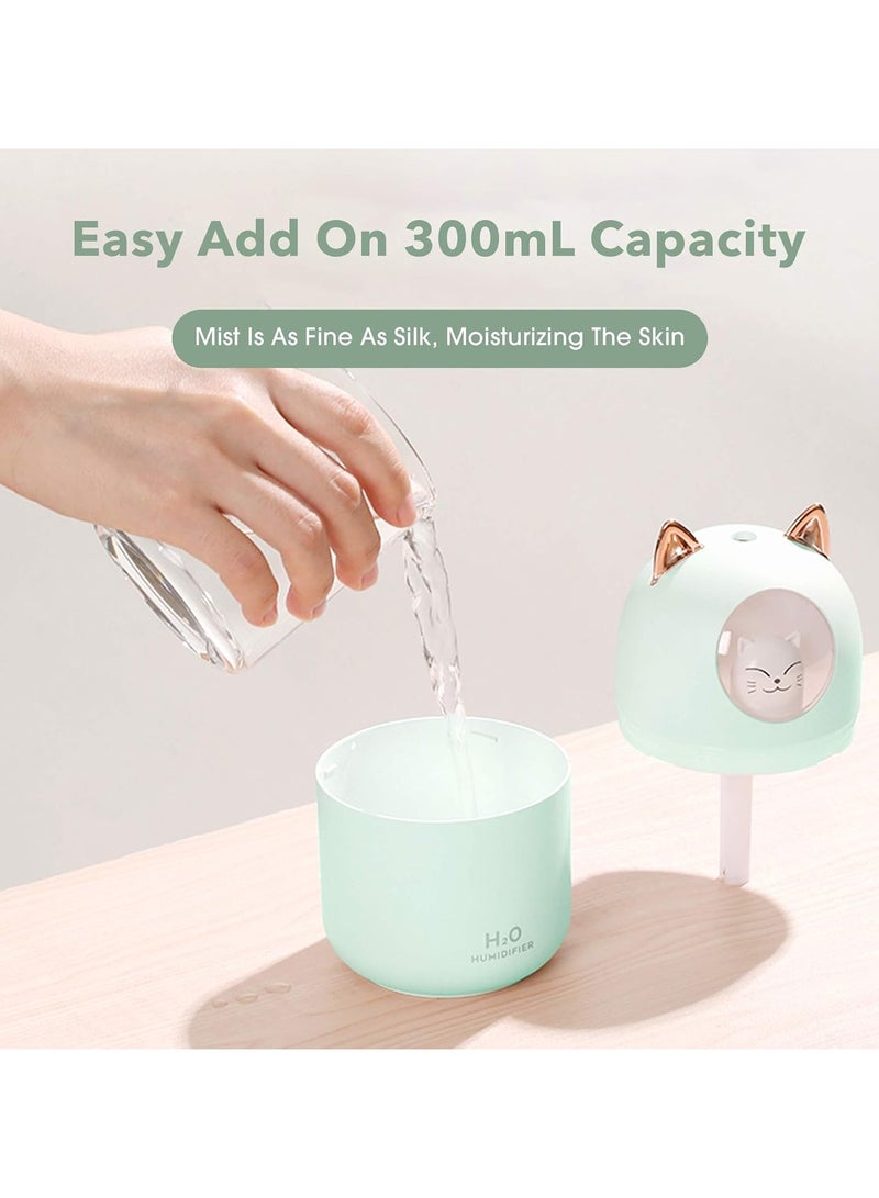 بيتشو مرطب هواء صغير لطيف على شكل قطة، سعة 300 مل، مرطب هواء للسيارة برذاذ بارد، إيقاف تشغيل تلقائي، ضوء ليلي LED، مرطب لغرفة نوم الطفل، المنزل، المكتب، السفر، أخضر - Image 4