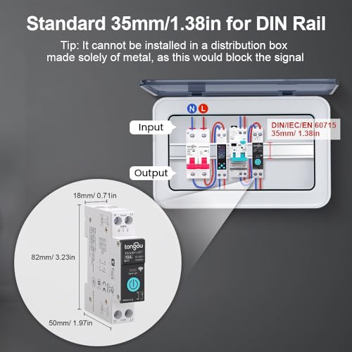 TONGOU DIY 1P+N Smart Wi-Fi Switch, Work with Alexa and Google Assistant for Voice Control, 10A with Energy Monitor, Smart Life/Tuya APP Remote Control, Timer Functions, DIN Rail Mounted,FCC Certified - Image 2