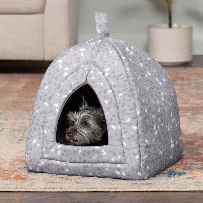 Cat Bed Cave for Indoor Cats & Small Dogs, Washable & Foldable w/Removable Cushion - Polycanvas Print Pet Tent - Gray Terazzo, Small - Image 3