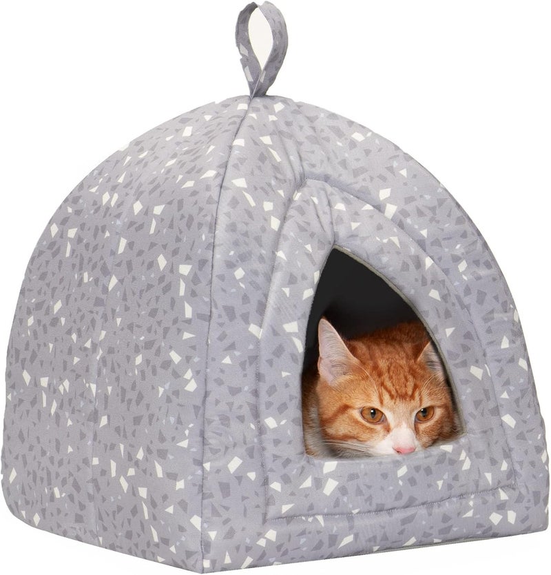 Cat Bed Cave for Indoor Cats & Small Dogs, Washable & Foldable w/Removable Cushion - Polycanvas Print Pet Tent - Gray Terazzo, Small - Image 1