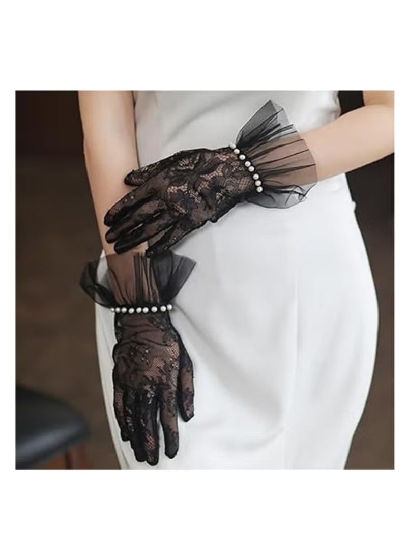 Women's Lace Gloves - Elegant Short Lace Net Gloves for Bridal Wear - Sheer Delicate Lace Pearl Gloves for Weddings, Formal Events, Tea Parties, Opera, for Bridal Gowns (Black) - Image 3