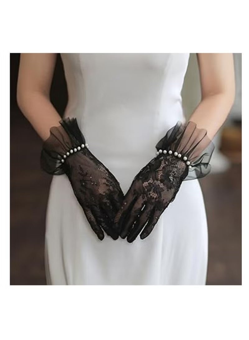 Women's Lace Gloves - Elegant Short Lace Net Gloves for Bridal Wear - Sheer Delicate Lace Pearl Gloves for Weddings, Formal Events, Tea Parties, Opera, for Bridal Gowns (Black) - Image 4