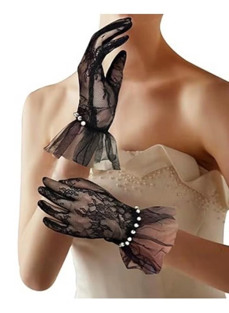 Women's Lace Gloves - Elegant Short Lace Net Gloves for Bridal Wear - Sheer Delicate Lace Pearl Gloves for Weddings, Formal Events, Tea Parties, Opera, for Bridal Gowns (Black) - Image 1