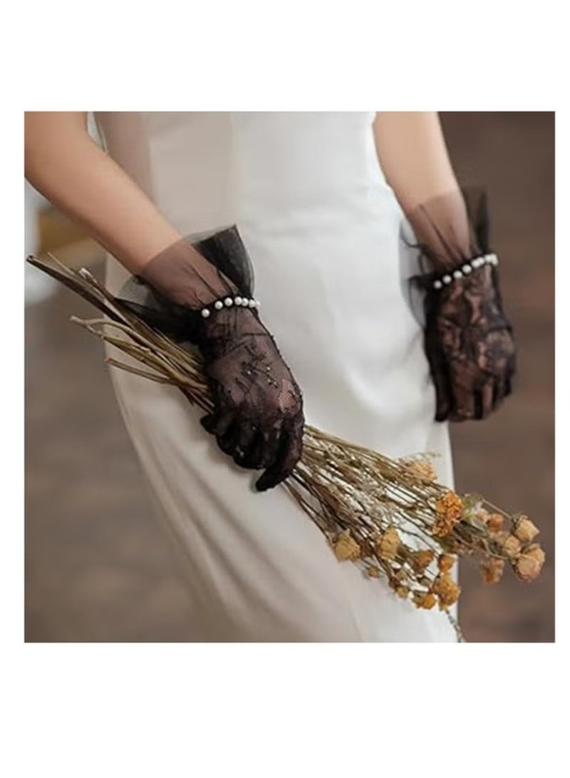 Women's Lace Gloves - Elegant Short Lace Net Gloves for Bridal Wear - Sheer Delicate Lace Pearl Gloves for Weddings, Formal Events, Tea Parties, Opera, for Bridal Gowns (Black) - Image 2