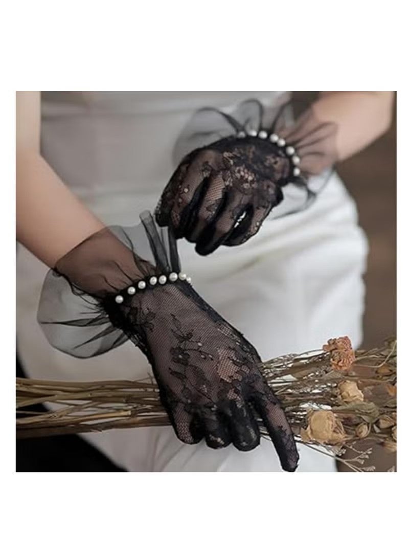 Women's Lace Gloves - Elegant Short Lace Net Gloves for Bridal Wear - Sheer Delicate Lace Pearl Gloves for Weddings, Formal Events, Tea Parties, Opera, for Bridal Gowns (Black) - Image 5