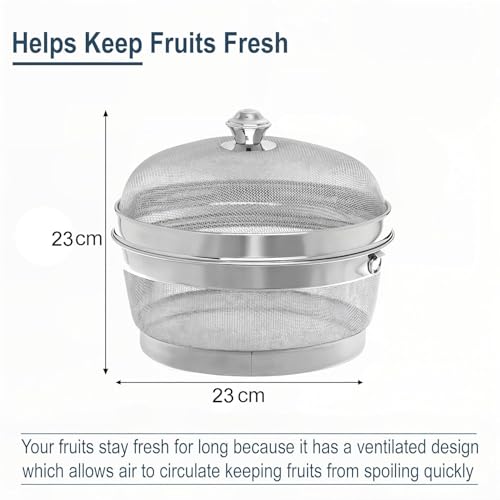 EVK® Premium Stainless Steel Multipurpose Basket with Lid | Vegetables & Fruit Basket For Dining Table, Fruit Storage Basket With Lid For Kitchen | Silver, Round (23 CM) - Image 3