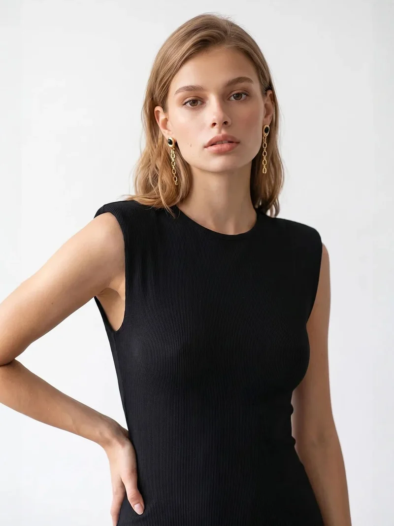 ميكسراي MIXRAY Ribbed Sleeveless Bodycon Midi Dress