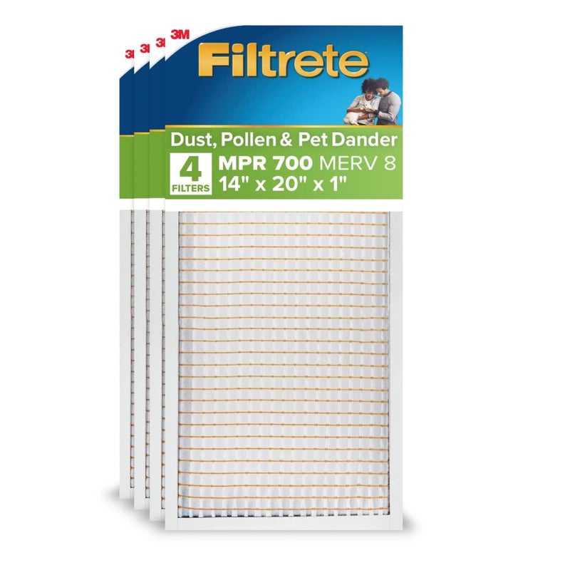 Filtrete 14x20x1 AC Furnace Air Filter MERV 8 MPR 700 Tough on Pollen Easy on Airflow 3Month Pleated 1Inch Electrostatic Air Cleaning Filter 4Pack Actual Size 13688 x 19688 x 078 in