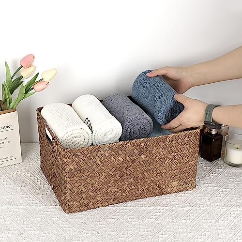 Hipiwe Seagrass Storage Opened Baskets Bin for Shelf Organizing Handwoven Wicker Baskets Rectangular Decorative Basket Closet Bedroom Organizer Bin Box Multipurpose Storage Basket with Handle - Image 3