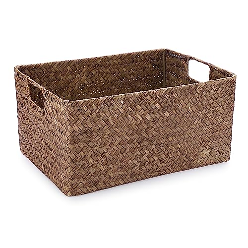Hipiwe Seagrass Storage Opened Baskets Bin for Shelf Organizing Handwoven Wicker Baskets Rectangular Decorative Basket Closet Bedroom Organizer Bin Box Multipurpose Storage Basket with Handle - Image 1