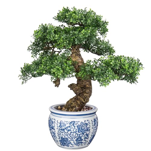 DILATATA Fake Bonsai Tree Bonsai Plant 17 Tall Artificial Bonsai Trees with Blue and White Porcelain Decorated with Pebbles Desk Plant Indoor Bonsai for Home Office Decor - Image 1