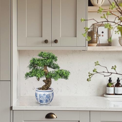 DILATATA Fake Bonsai Tree Bonsai Plant 17 Tall Artificial Bonsai Trees with Blue and White Porcelain Decorated with Pebbles Desk Plant Indoor Bonsai for Home Office Decor - Image 3