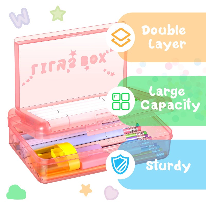 Fainne Double Layer Pencil Box with 3 Sheet Stickers Large Capacity Plastic Pencil Case Back to School Supplies Hard Shell Crayon Box Organizer for Gel Pens Erasers Sew Art Craft Supplies(Pink) - Image 4