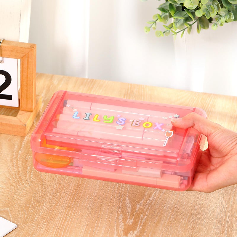 Fainne Double Layer Pencil Box with 3 Sheet Stickers Large Capacity Plastic Pencil Case Back to School Supplies Hard Shell Crayon Box Organizer for Gel Pens Erasers Sew Art Craft Supplies(Pink) - Image 5