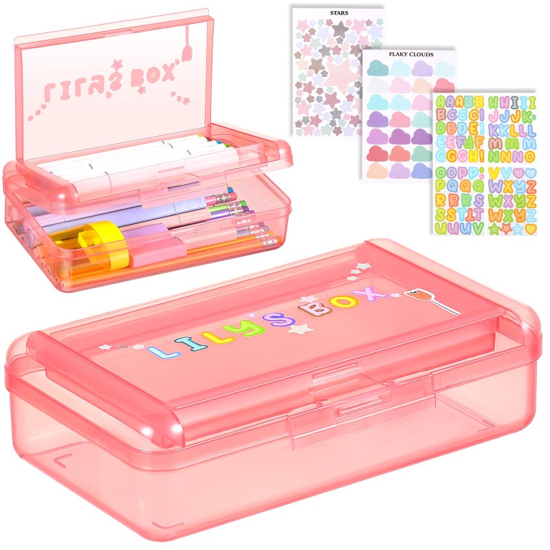 Fainne Double Layer Pencil Box with 3 Sheet Stickers Large Capacity Plastic Pencil Case Back to School Supplies Hard Shell Crayon Box Organizer for Gel Pens Erasers Sew Art Craft Supplies(Pink) - Image 1