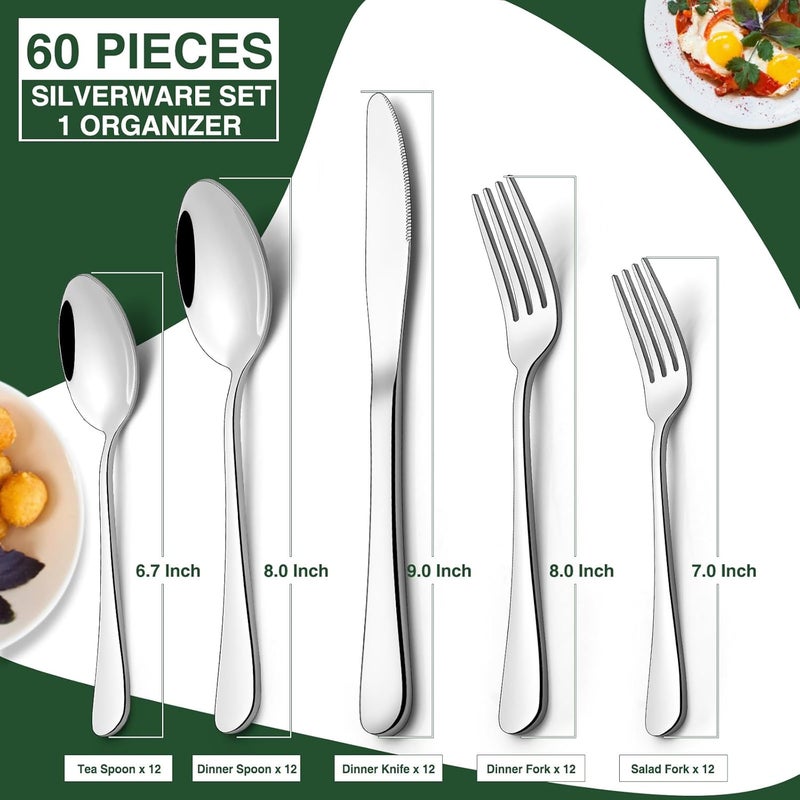 AIVIKI 60Piece Silverware Set with OrganizerAIVIKI Stainless Steel Flatware Set for 12Cutlery Utensil Sets for Home RestaurantTableware Set Include forks spoons and knivesMirror PolishedDishwasher Safe - Image 3