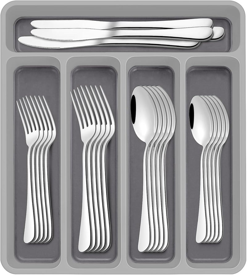 AIVIKI 60Piece Silverware Set with OrganizerAIVIKI Stainless Steel Flatware Set for 12Cutlery Utensil Sets for Home RestaurantTableware Set Include forks spoons and knivesMirror PolishedDishwasher Safe - Image 1
