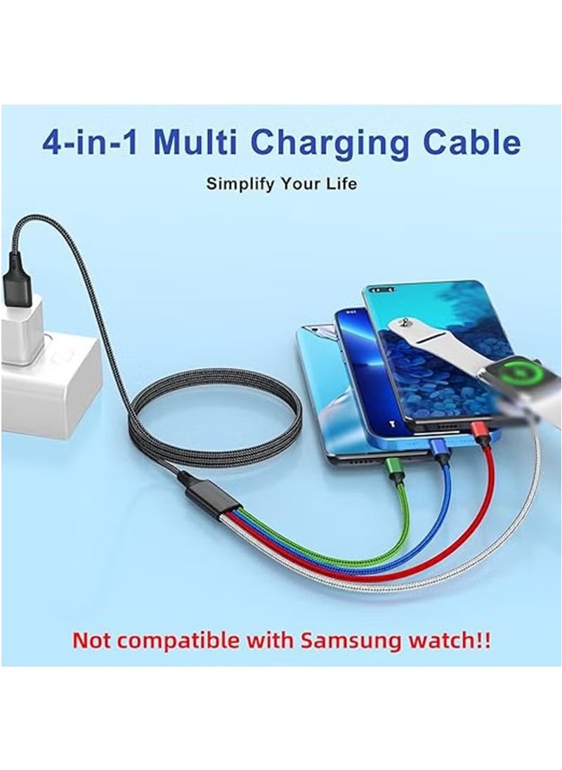 4-in-1 Nylon Braided Multi Fast Charging Cord Multiple Charger,Magnetic Wireless iWatch Smartwatch Charger with USB C/Lightning/Micro Compatible with iWatch Series 10-1/iPhone 16 /15 14/Galaxy Android-4FT