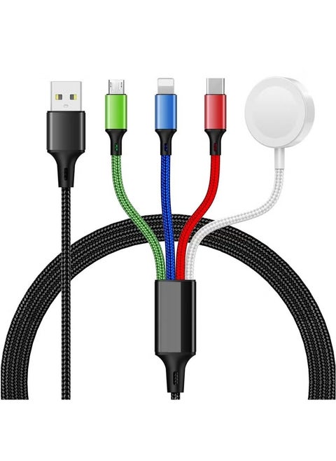 4-in-1 Nylon Braided Multi Fast Charging Cord Multiple Charger,Magnetic Wireless iWatch Smartwatch Charger with USB C/Lightning/Micro Compatible with iWatch Series 10-1/iPhone 16 /15 14/Galaxy Android-4FT