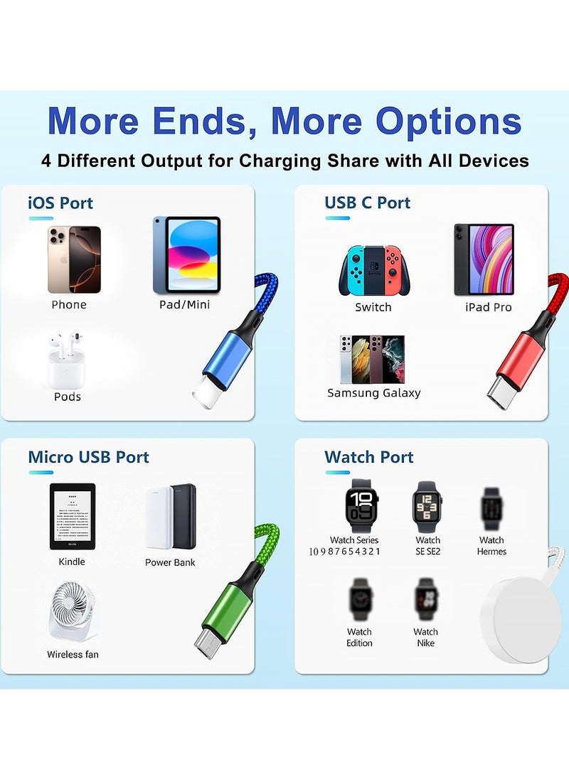 4-in-1 Nylon Braided Multi Fast Charging Cord Multiple Charger,Magnetic Wireless iWatch Smartwatch Charger with USB C/Lightning/Micro Compatible with iWatch Series 10-1/iPhone 16 /15 14/Galaxy Android-4FT