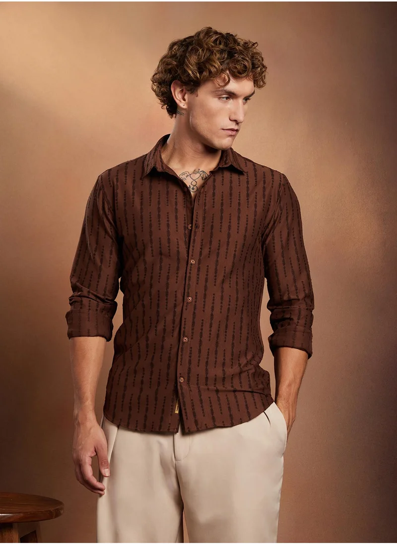 كامبوس سوترا Campus Sutra Men's Chocolate Brown Tassel-Weave Shirt For Casual Wear | Spread Collar | Long Cuffed Sleeves | Button Closure | Shirt Crafted With Comfort Fit For Everyday Wear