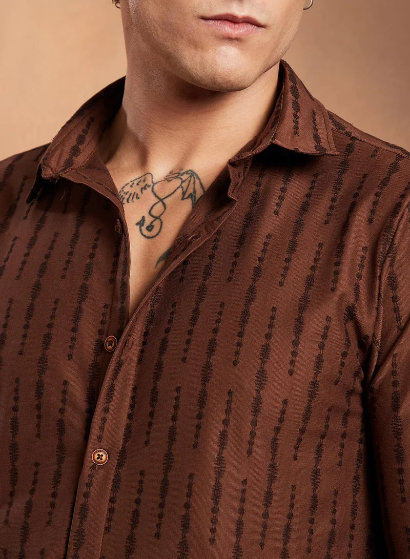 Campus Sutra Campus Sutra Men's Chocolate Brown Tassel-Weave Shirt For Casual Wear | Spread Collar | Long Cuffed Sleeves | Button Closure | Shirt Crafted With Comfort Fit For Everyday Wear