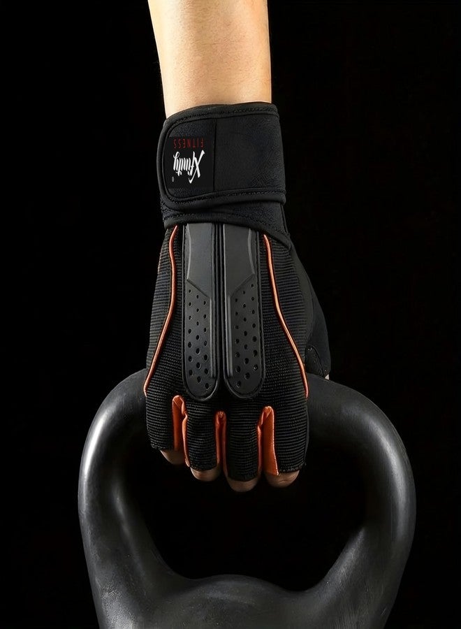 Xfinity Fitness Mens Gym Gloves with 12 Inch Wrist Support and Anti Slip Grip (One Size, Black-Orange) - Image 1