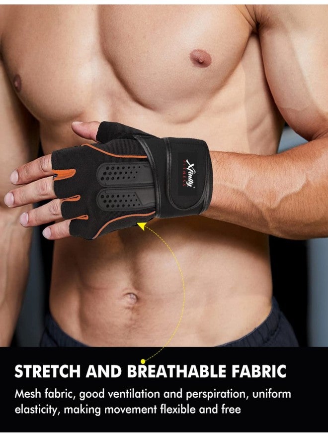 Xfinity Fitness Mens Gym Gloves with 12 Inch Wrist Support and Anti Slip Grip (One Size, Black-Orange) - Image 2