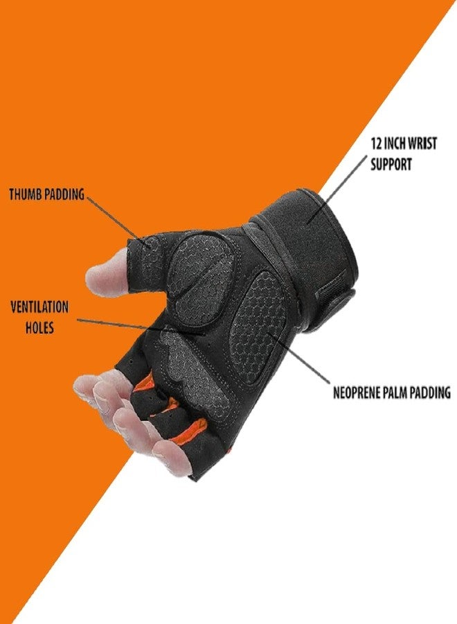 Xfinity Fitness Mens Gym Gloves with 12 Inch Wrist Support and Anti Slip Grip (One Size, Black-Orange) - Image 4