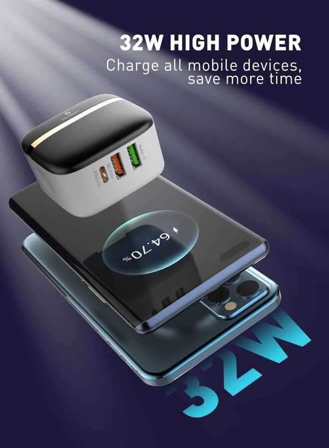 CELIBERY PD32W USB C Charger Block, PD3.0/QC 3.0 Type Adapter, 3 Ports CEELIBERY Wall Charger Compact Type C Charger Fast Charging - Image 3