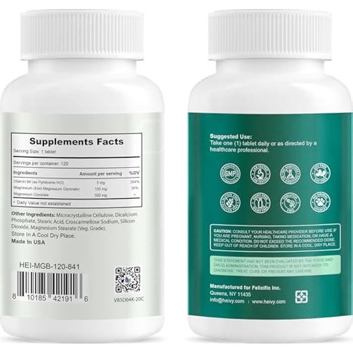Heivy Pure Magnesium Glycinate 500mg, 100% Chelated & Purified Supports Nerve Relief, Sleep Aid & Muscle Support, Vegan & Non-GMO, Made in USA, 3rd Party Tested, 120 Tablets - Image 2