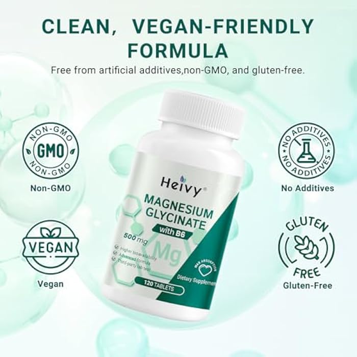 Heivy Pure Magnesium Glycinate 500mg, 100% Chelated & Purified Supports Nerve Relief, Sleep Aid & Muscle Support, Vegan & Non-GMO, Made in USA, 3rd Party Tested, 120 Tablets - Image 3