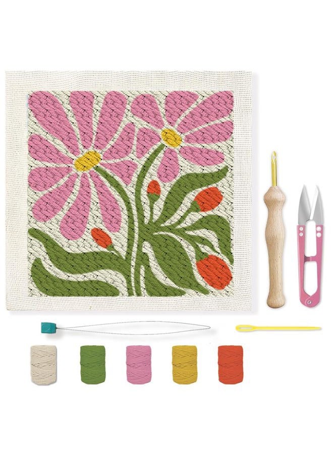 BEUNITONE Flower Beginners Punch Needle kit Handcraft Embroidery Starter Kits for Adults Flowers and Plants Punch Stitching Kit with Instruction Square Punch Needle Frame for Wall Decor 9.4'' x 9.4'' - Image 1