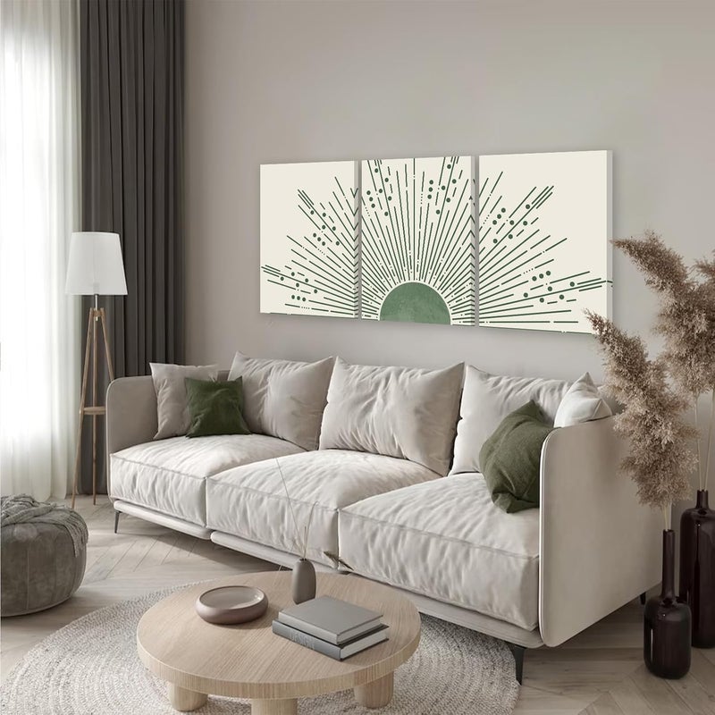 KBKBART Sage Green Boho Sun Wall Art Set of 3, Framed Canvas Wall Art Sun Rising on the Horizon Geometric Nature Illustrations Line Art Wall, Mid-Century Modern Prints Sage Green Wall Decor for Living - Image 5
