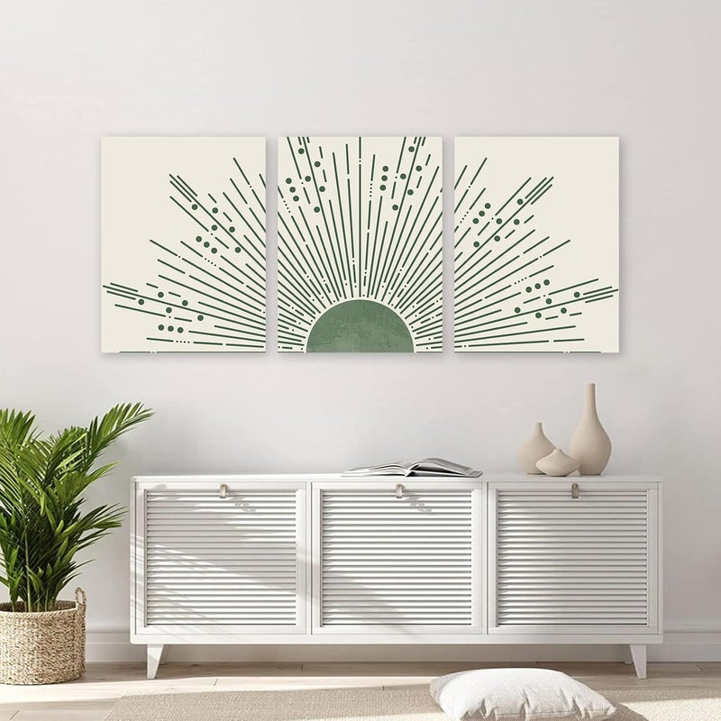 KBKBART Sage Green Boho Sun Wall Art Set of 3, Framed Canvas Wall Art Sun Rising on the Horizon Geometric Nature Illustrations Line Art Wall, Mid-Century Modern Prints Sage Green Wall Decor for Living - Image 3