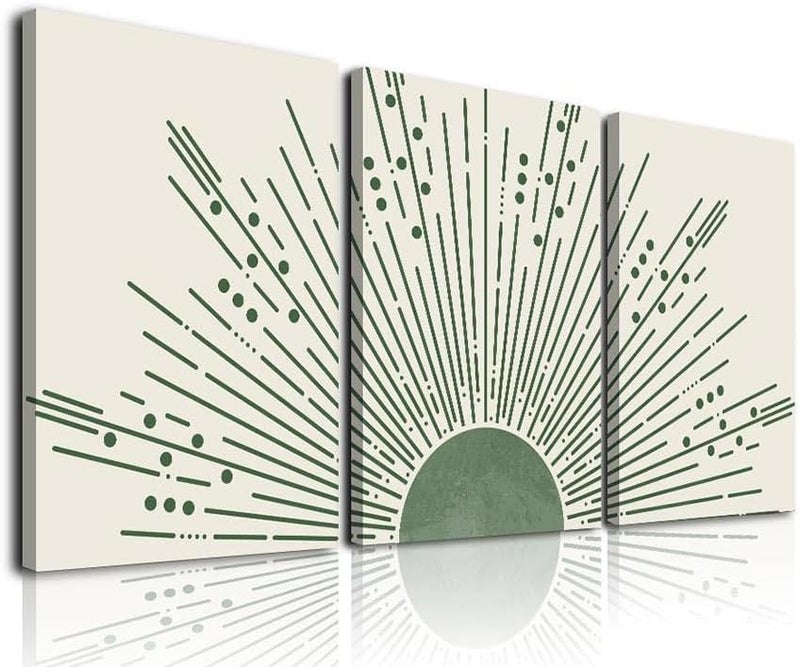 KBKBART Sage Green Boho Sun Wall Art Set of 3, Framed Canvas Wall Art Sun Rising on the Horizon Geometric Nature Illustrations Line Art Wall, Mid-Century Modern Prints Sage Green Wall Decor for Living - Image 2