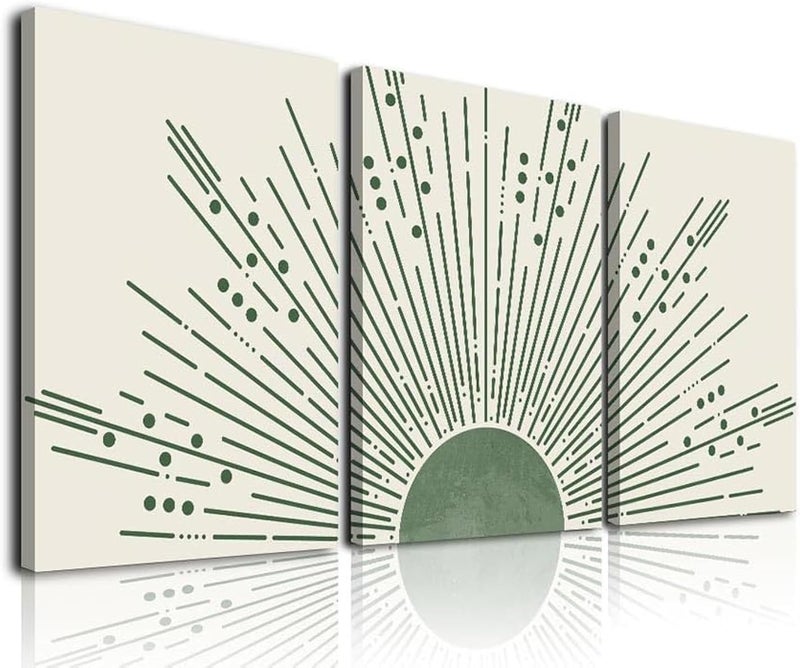 KBKBART Sage Green Boho Sun Wall Art Set of 3, Framed Canvas Wall Art Sun Rising on the Horizon Geometric Nature Illustrations Line Art Wall, Mid-Century Modern Prints Sage Green Wall Decor for Living - Image 1