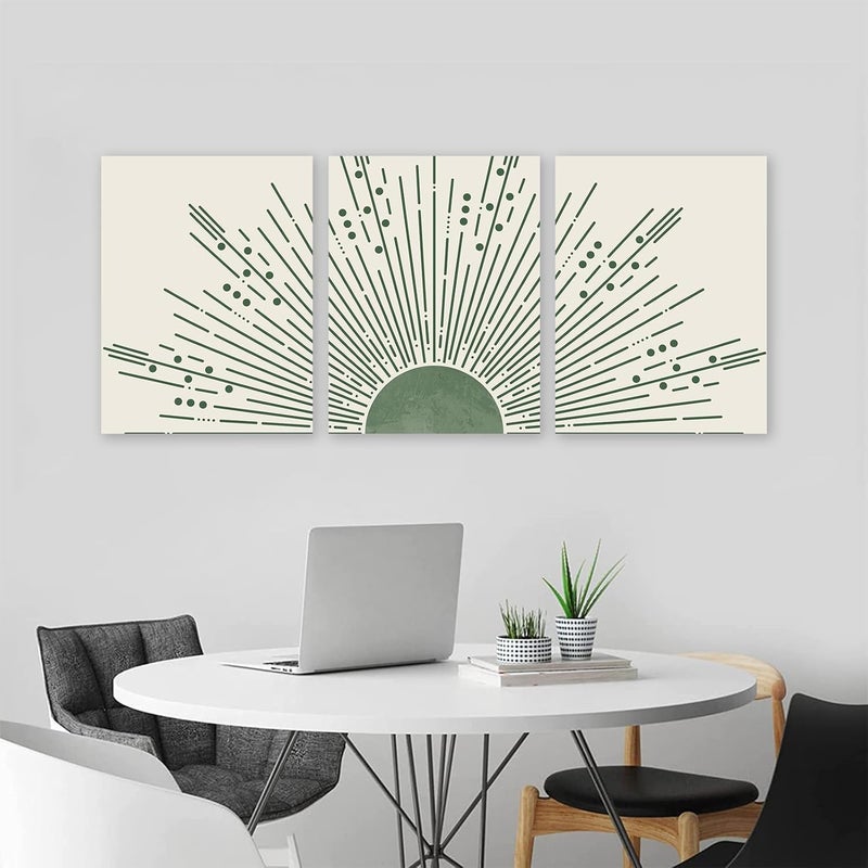 KBKBART Sage Green Boho Sun Wall Art Set of 3, Framed Canvas Wall Art Sun Rising on the Horizon Geometric Nature Illustrations Line Art Wall, Mid-Century Modern Prints Sage Green Wall Decor for Living - Image 4