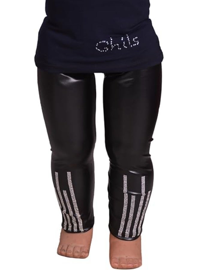 Ghils Girls Lycra Girls Disco Leather Black Pants with Jumpy Stripe Cashmere