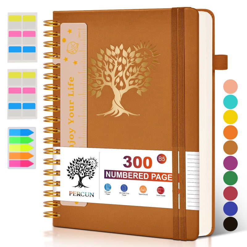 PERCUN Large Spiral Notebook Journal for Women Men - 300 Numbered Lined Pages, College Ruled,B5 Hardcover Spiral Bound Notebook for School, Work, Note Taking, Writing, Leather Spiral Journal 7"x10" - Image 1