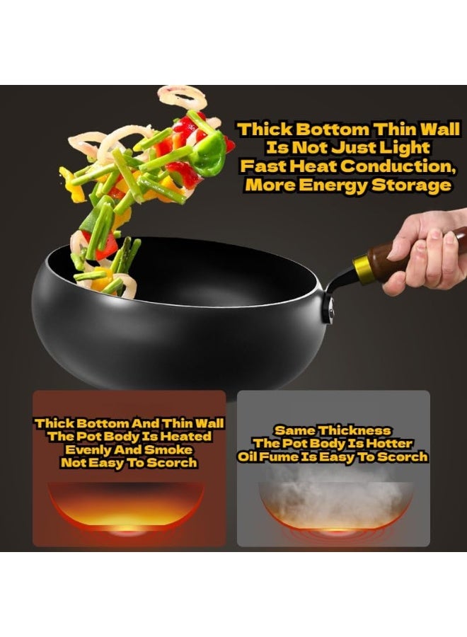 كيلا مقلاة من الحديد الزهر غير اللاصقة المصنوعة يدويًا، متينة وقوية، توزيع متساوٍ للحرارة، احتفاظ جيد بالحرارة، متعددة الاستخدامات للقلي والتشويح، سهلة التنظيف، طويلة الأمد، أدوات طهي منزلية مخصصة، مقبض خشبي طبيعي. - Image 4