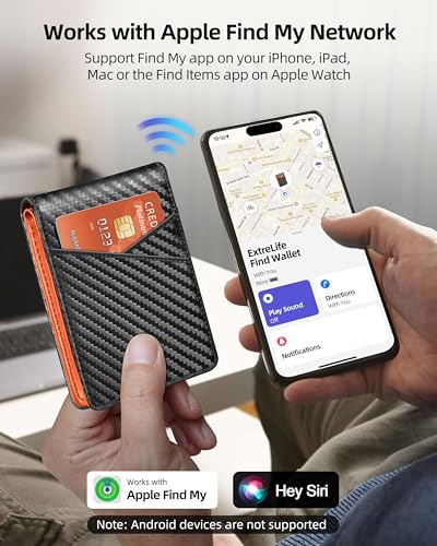 ExtreLife Smart Men Wallet with Find My Wallet Tracker RFID Blocking Credit Card Holder LeftBehind Alert Play Sound AntiLoss Wireless Rechargeable Works with iPhone iPad Mac Carbon Black Orange - Image 3