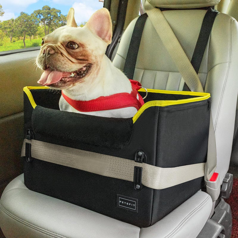 PETSFIT Small Dog Car Seat â€“ Patented Safety Buckles â€“ Safety Tether â€“ Foldable Travel Dog Booster Car Seat Reduces Anxiety & Road Trips â€“ Stable Frame, Soft Cushion, Fits Front/Back Seat - Image 1