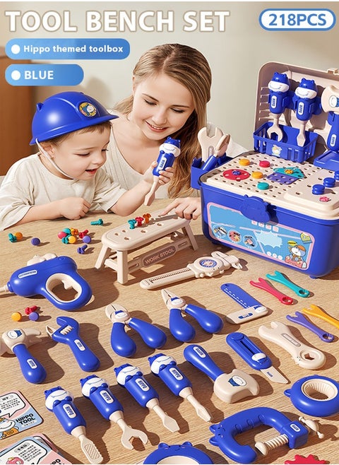 218-Piece Kids Repair Tool Box,Cartoon Hippopotamus Theme Toolbox,Kids Tool Set Pretend Play Disassembly,Creative Construction Engineering Building Block Games with Toy Drill and Screwdriver Tool Set,Simulated electric drill, screwdriver tool, play house toy , Pretend Play Kids Toys,For Toddlers Boys and Girls Gift