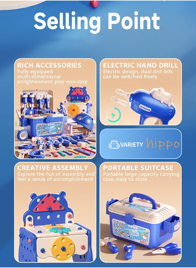 218-Piece Kids Repair Tool Box,Cartoon Hippopotamus Theme Toolbox,Kids Tool Set Pretend Play Disassembly,Creative Construction Engineering Building Block Games with Toy Drill and Screwdriver Tool Set,Simulated electric drill, screwdriver tool, play house toy , Pretend Play Kids Toys,For Toddlers Boys and Girls Gift