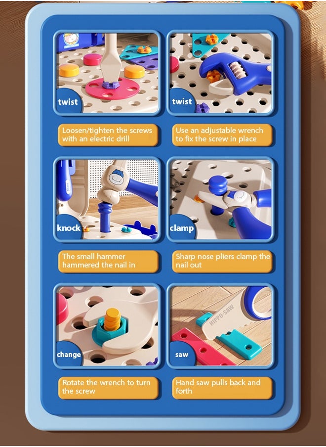 218-Piece Kids Repair Tool Box,Cartoon Hippopotamus Theme Toolbox,Kids Tool Set Pretend Play Disassembly,Creative Construction Engineering Building Block Games with Toy Drill and Screwdriver Tool Set,Simulated electric drill, screwdriver tool, play house toy , Pretend Play Kids Toys,For Toddlers Boys and Girls Gift