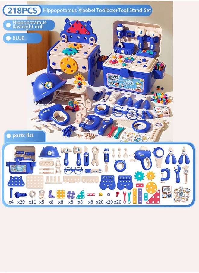 218-Piece Kids Repair Tool Box,Cartoon Hippopotamus Theme Toolbox,Kids Tool Set Pretend Play Disassembly,Creative Construction Engineering Building Block Games with Toy Drill and Screwdriver Tool Set,Simulated electric drill, screwdriver tool, play house toy , Pretend Play Kids Toys,For Toddlers Boys and Girls Gift