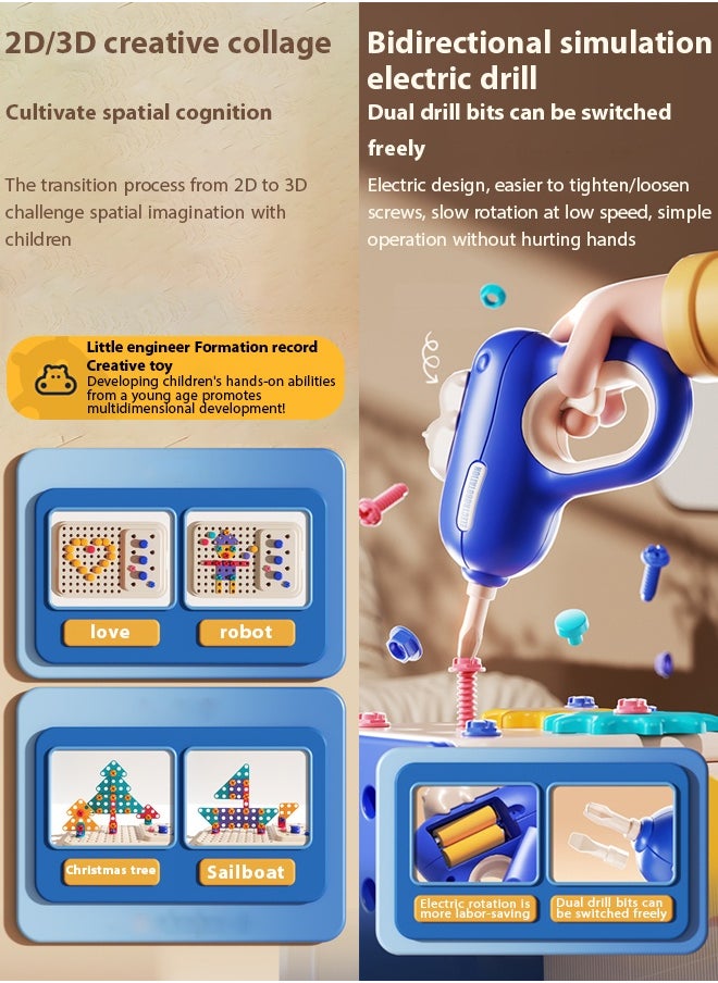 218-Piece Kids Repair Tool Box,Cartoon Hippopotamus Theme Toolbox,Kids Tool Set Pretend Play Disassembly,Creative Construction Engineering Building Block Games with Toy Drill and Screwdriver Tool Set,Simulated electric drill, screwdriver tool, play house toy , Pretend Play Kids Toys,For Toddlers Boys and Girls Gift