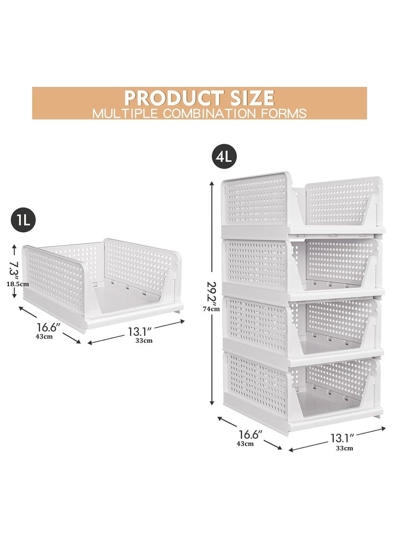 AUTOYSUR 4 Pack Stackable Plastic Storage Basket, Closet Organizer Bin, Foldable Clothes Storage Drawer Shelf Container for Living Room Bathroom Kitchen Office (4L), White  - Image 2