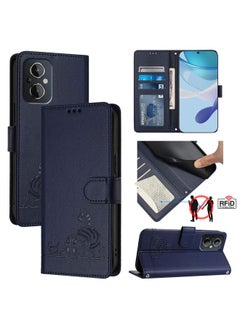 Case Cover For OPPO Reno7 Z 5G Cat Rat Embossed Pattern RFID Leather Phone Case with Lanyard Blue